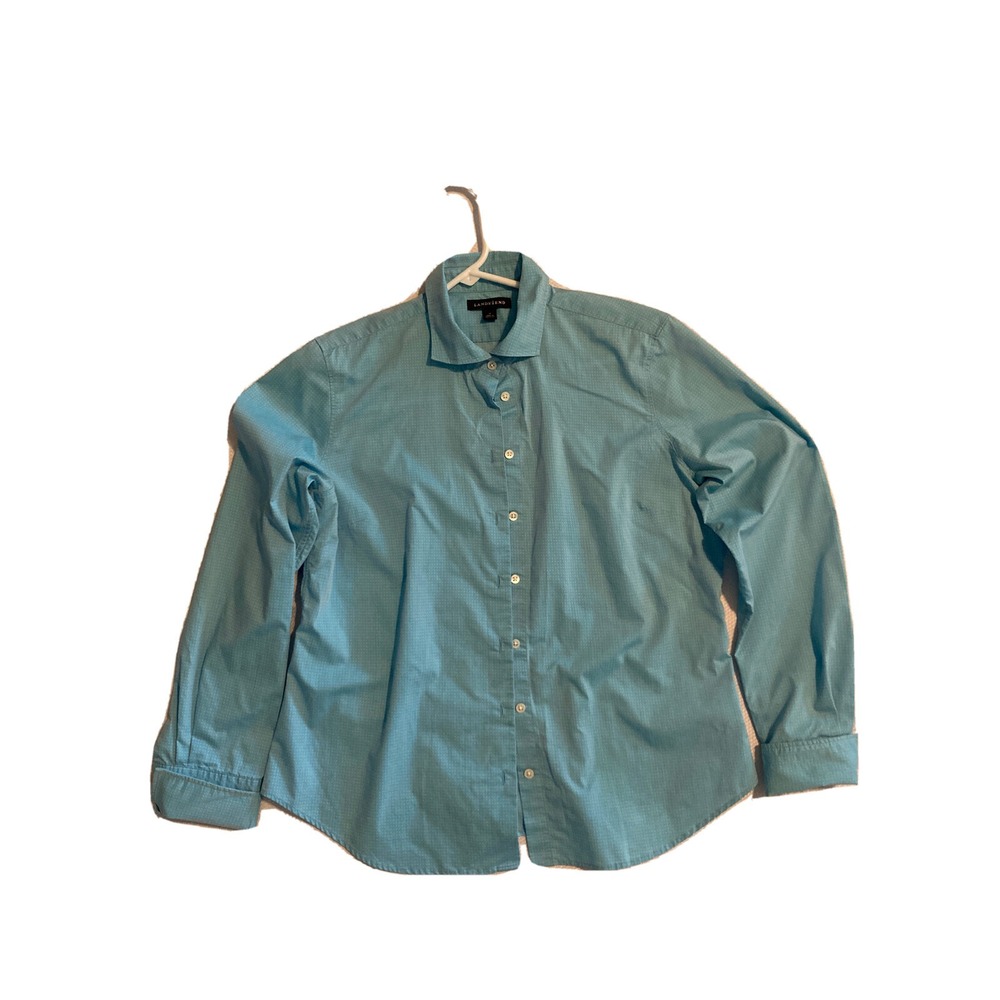 Lands End Womens Blue Polka Dot Button Down Shirt Size 14 Long Sleeve